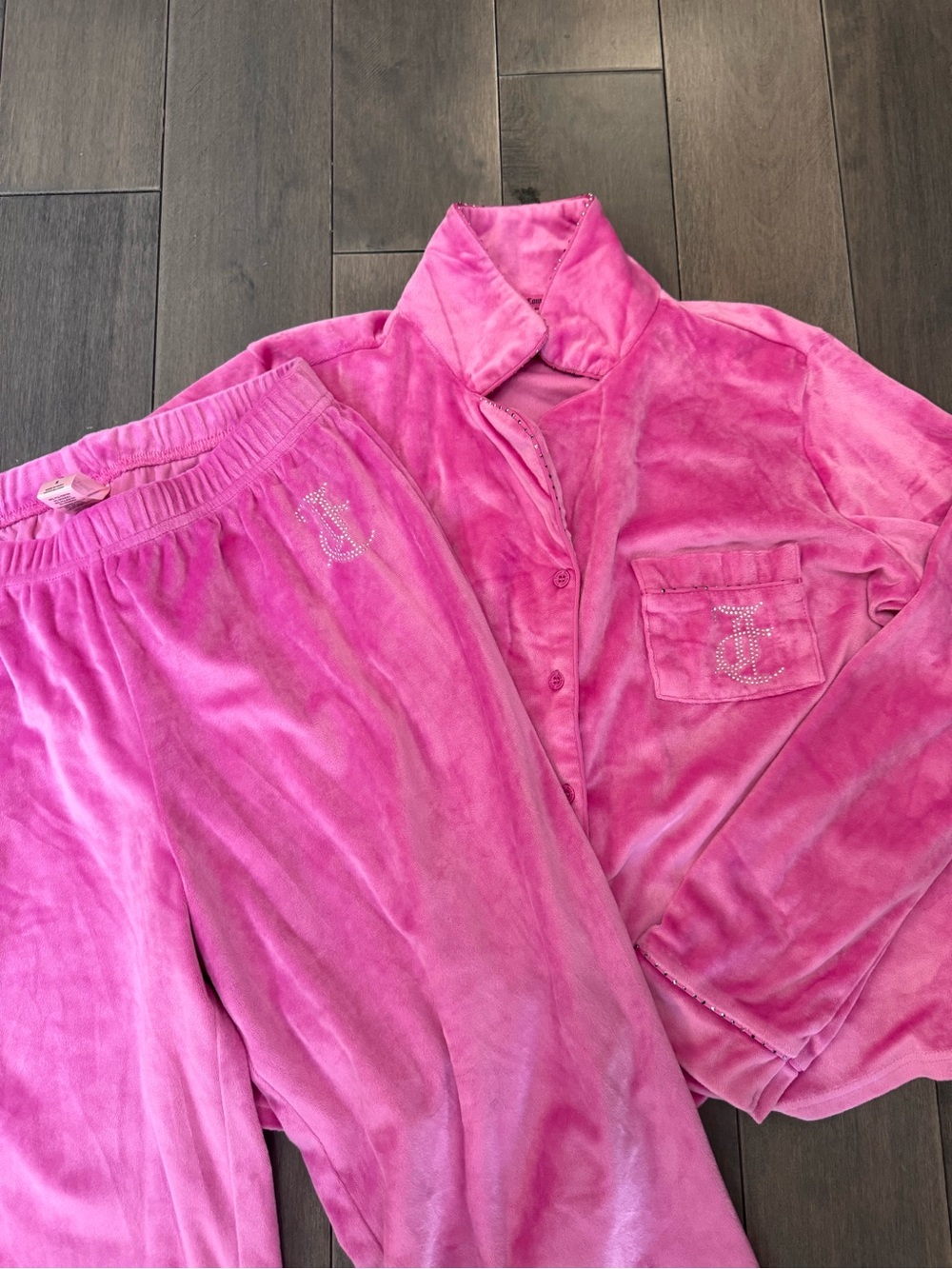Juicy Couture Plush Pink Velour Pajama Set - Button-Up Top & Elastic Waist Pants